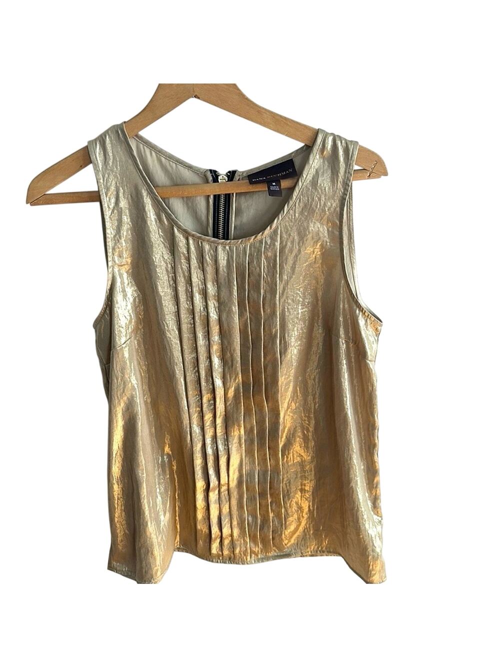 Dana Bachman Gold Metallic Shimmer Pleated Sleeveless Top Medium